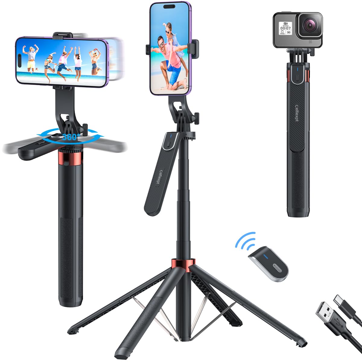 Celfiexpt 71-inch Selfie Stick Tripod 360 Degree Rotation Rechargeable Remote Quadripod Stand Gimbal Handle Selfie Stick for Mobile Phone Camera Gopro 360°Panoramic Shooting Vlogging Live Stream